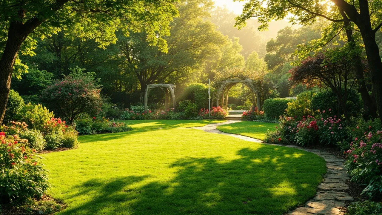 Verwandelter Garten mit gepflegtem Rasen, Steinweg und blühenden Beeten im goldenen Licht