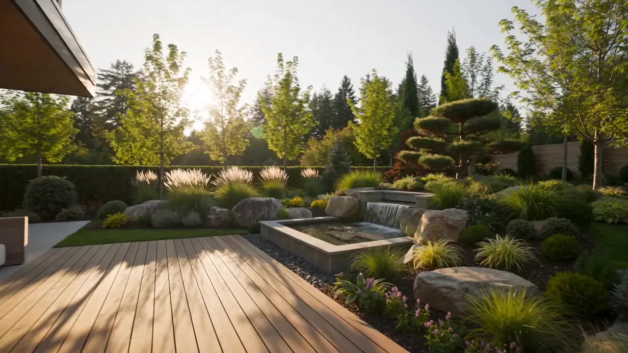 Modern angelegter Garten mit Holzdeck, üppiger Bepflanzung und Wasserspiel im weichen Tageslicht