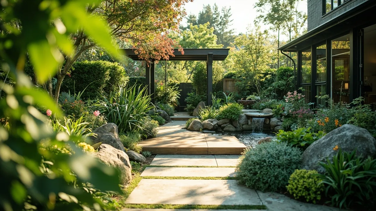 Modern angelegter Garten mit Holzdeck, üppiger Bepflanzung und Wasserspiel im Tageslicht