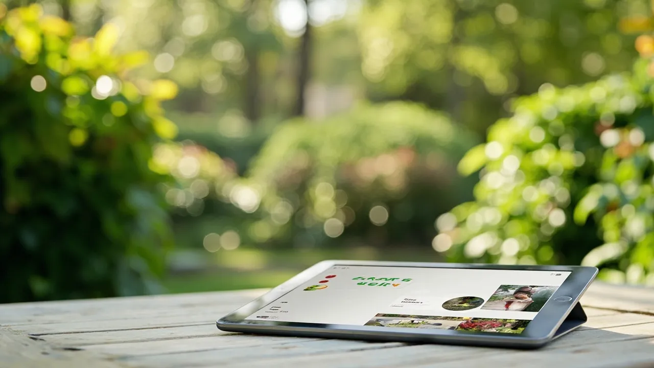 Symbolbild: ein Tablet auf einem Gartentisch zeigt eine Vorher-Nachher-Galerie eines Gartenprojekts bei Tageslicht