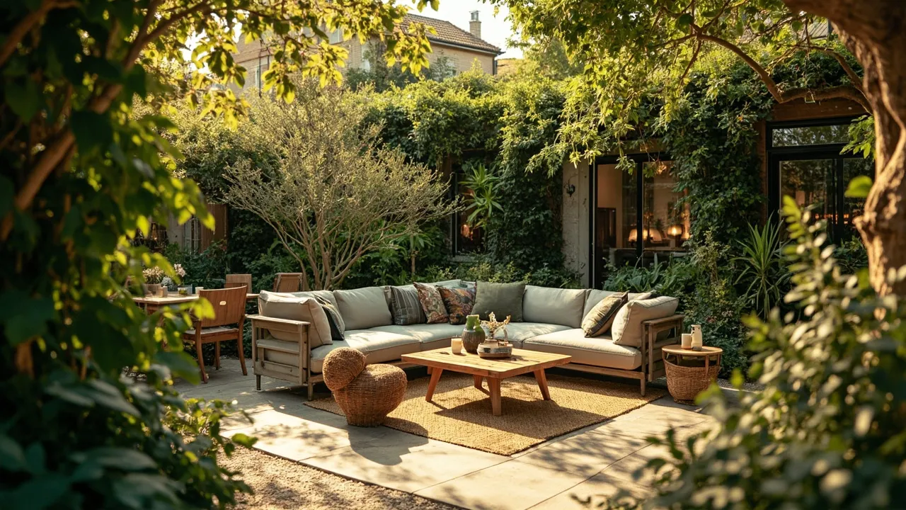 Stilvolle Gartenterrasse mit Sitzplatz, umgeben von Grün im warmen Abendlicht